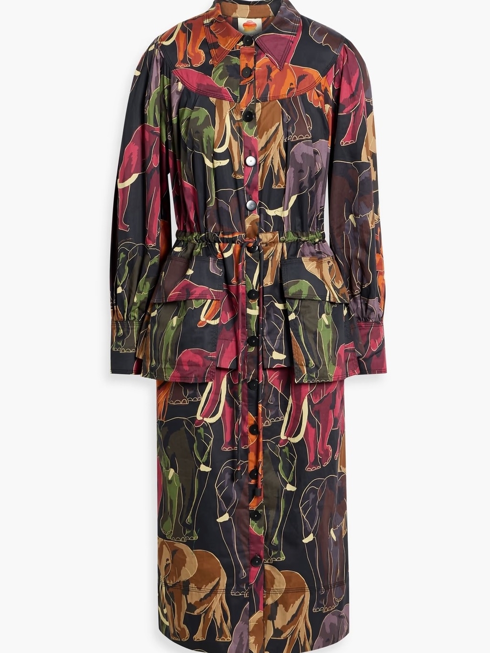 FARM RIO Printed Cotton-Poplin Elephant Print Midi Shirt Dress